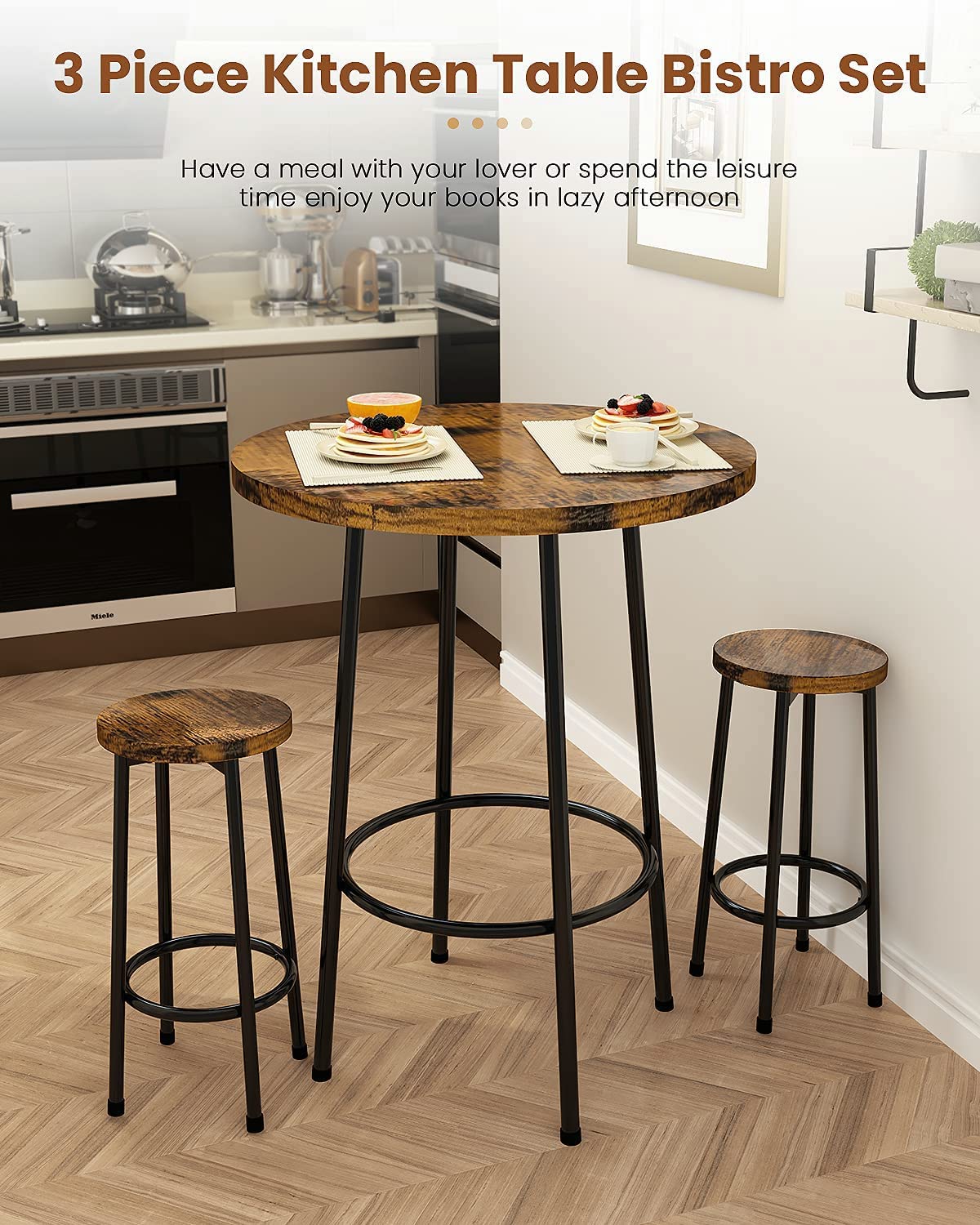 3 Piece Pub Dining Set, Industrial Counter Height Dining Sets with 2 Stools, Round Bar Table and Chairs Set