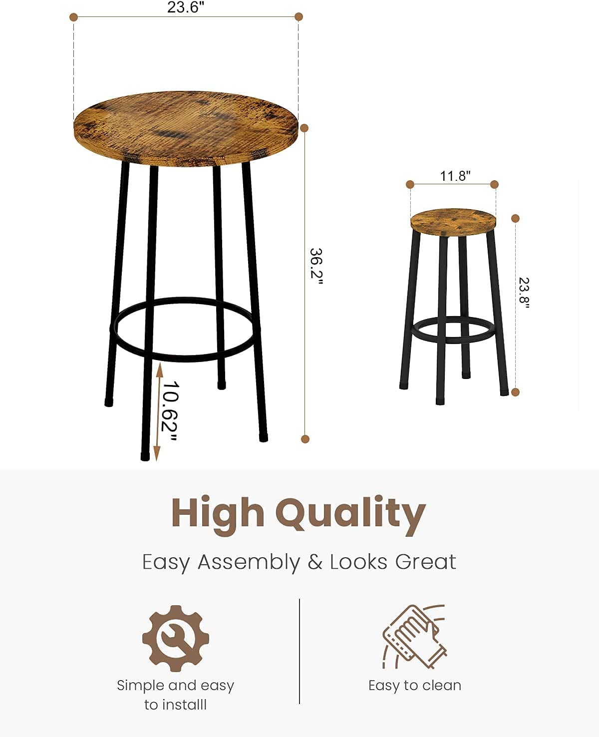 3 Piece Pub Dining Set, Industrial Counter Height Dining Sets with 2 Stools, Round Bar Table and Chairs Set