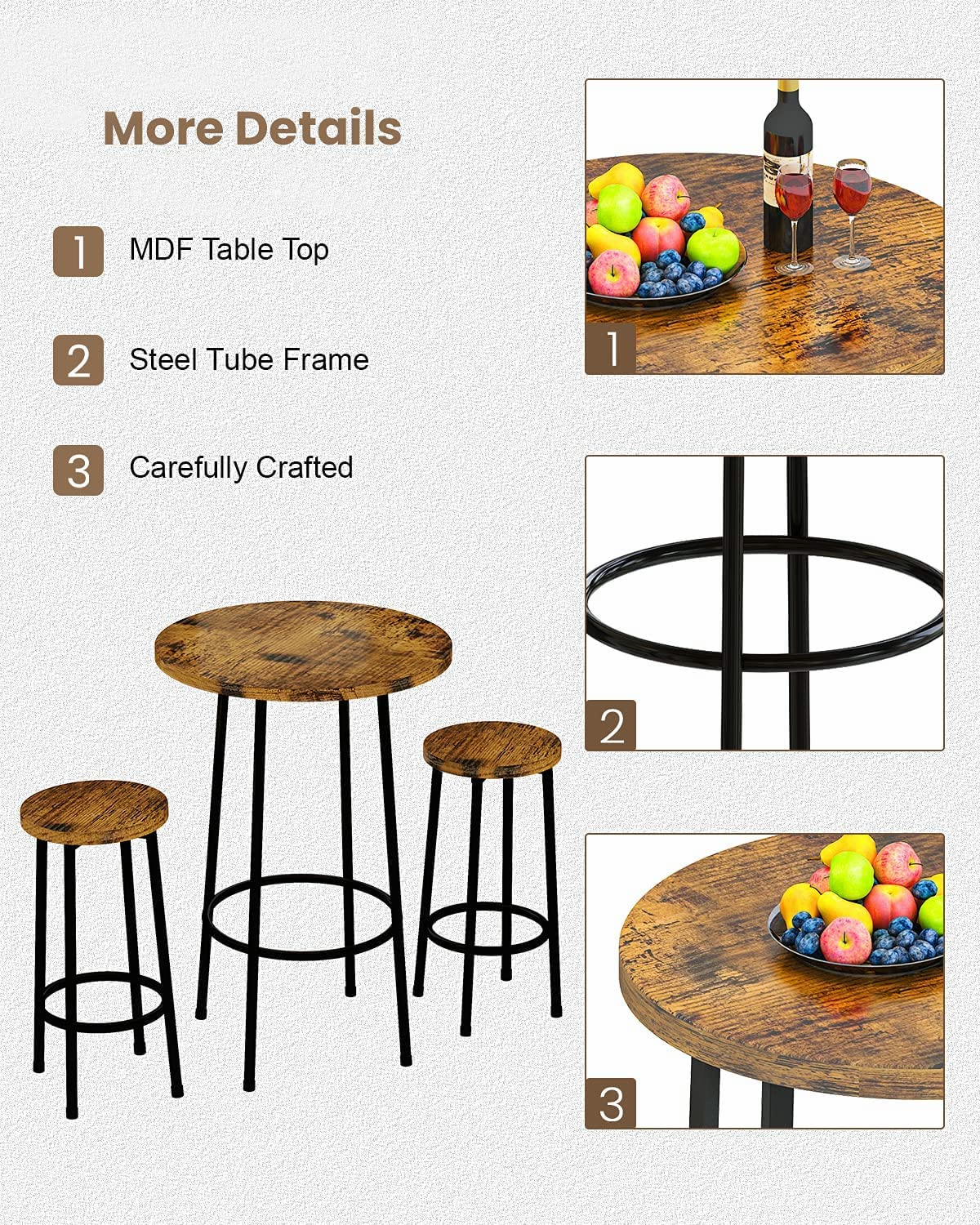 3 Piece Pub Dining Set, Industrial Counter Height Dining Sets with 2 Stools, Round Bar Table and Chairs Set