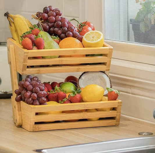 2 Tier Bamboo Fruit Basket, Bread Storage Stand Vegetable Rack