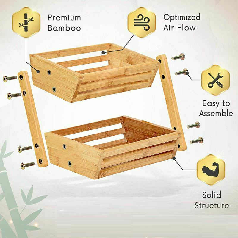 2 Tier Bamboo Fruit Basket, Bread Storage Stand Vegetable Rack