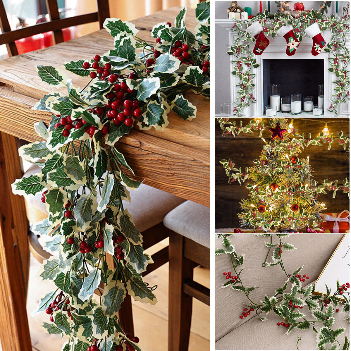 2M Christmas Garland Holly Leaf Red Berries Winter Fireplace Hanging Party Decor