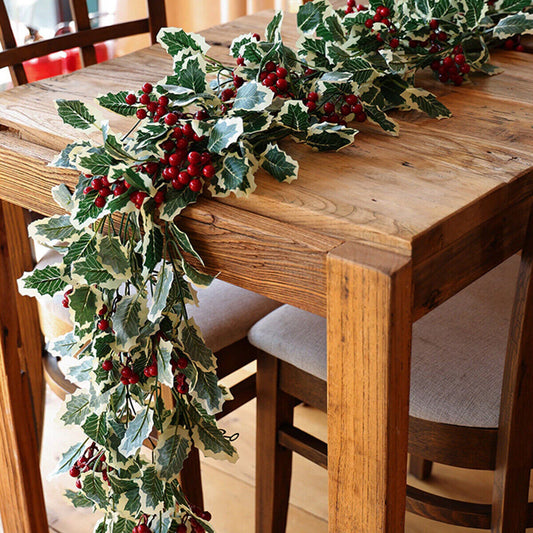 2M Christmas Garland Holly Leaf Red Berries Winter Fireplace Hanging Party Decor