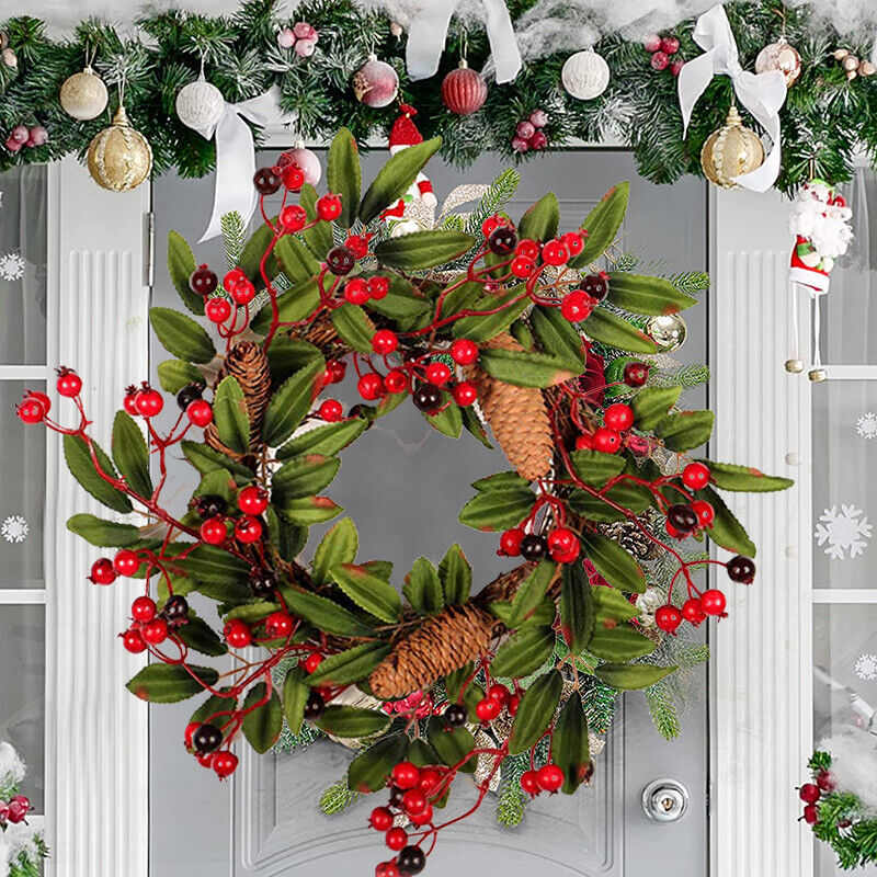 Artificial Christmas Wreath For Front Door Pine Cone Red Berries Wreath Garland