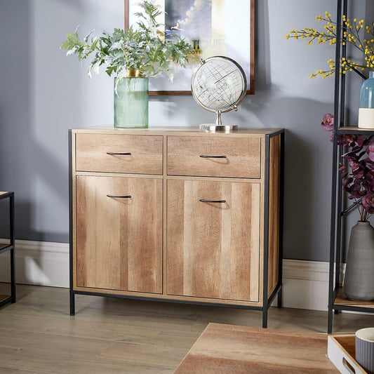 Sideboard Chest Cupboard Industrial Metal Living Room Furniture Oak Finish Unit