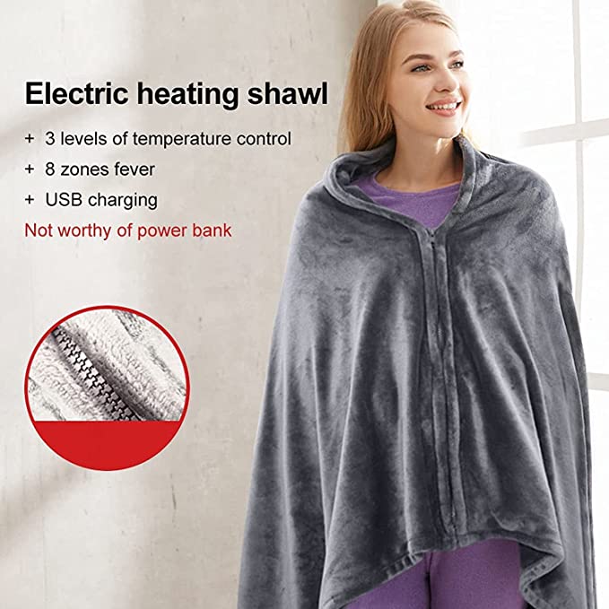 USB Electric Heated Warm Shawl, Electric Single Blanket Heated Warm Shawl,3 Levels Adjustable Temperature 8 Areas Heated