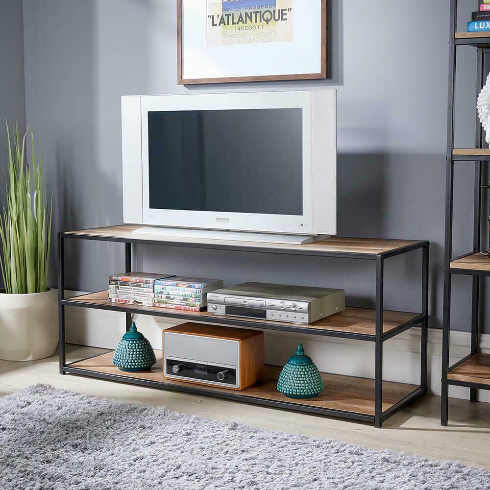 TV Media Unit Open Storage Shelves Industrial Living Room Furniture Oak Finish