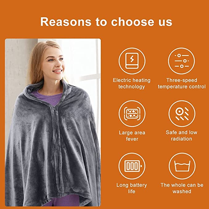 USB Electric Heated Warm Shawl, Electric Single Blanket Heated Warm Shawl,3 Levels Adjustable Temperature 8 Areas Heated