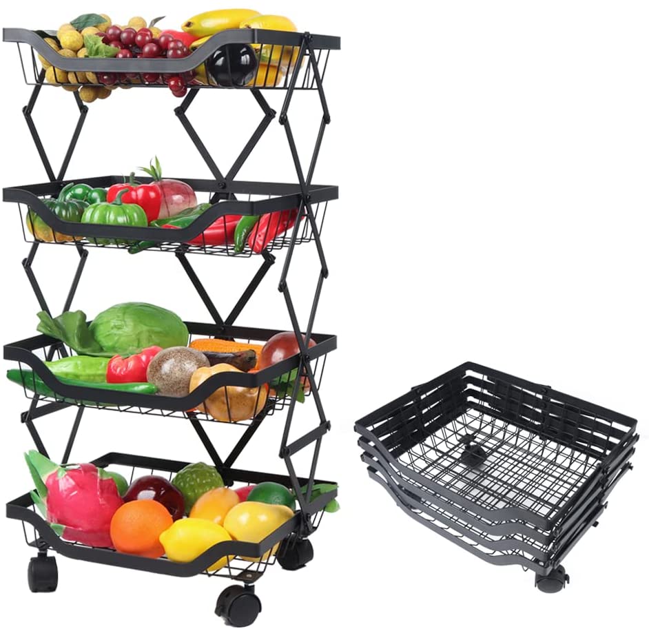 4 Tier Vegetable Rack,Stackable Veg Fruit Storage Basket on Wheels,Kitchen